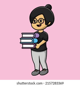 Cute Girl Holding Book Cartoon Vector Icon Illustration. People Education Icon Concept Isolated Premium Vector.