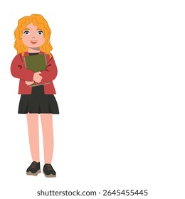 Menina bonita segurando livros sobre fundo branco. Conceito de escola infantil. Copie o espaço do texto. Ilustração vetorial