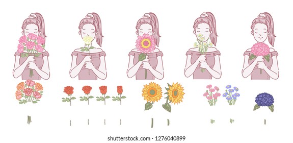 Cute girl holding a bouquet of flowers. female look the flower in front. With a happy feeling. Recipients and contributors. Isolated illustration icons. Rose, sunflower, hydrangea and daisy.
