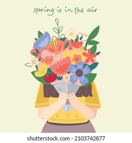 Cute girl holding a bouquet of flowers. Vector stock illustration. Design for the holiday of spring, anniversary, birthday.