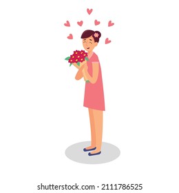 Cute girl holding a bouquet of flowers. Design for the holiday of spring, anniversary, birthday, st.valentine.