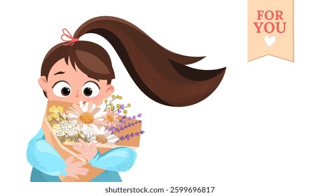 Cute girl holding a bouquet of wildflowers with a For You banner,pastel colors. Adorable child with floral gift Ideal for greeting cards, Mother's Day, birthdays, and gift designs.Vector illustration