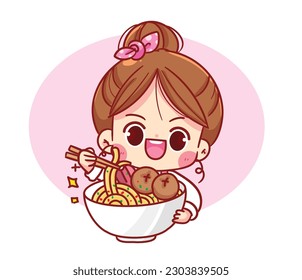 Cute girl holding a bowl of noodles restaurant cooking chef mascot character cartoon logo vector art illustration