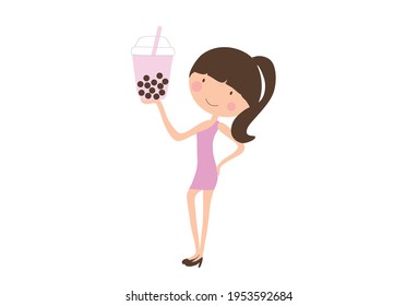 Cute girl holding bubble tea cup vector illustration.