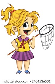 Cute cute girl holding butterfly net Vector cartoon  
illustration of a teenager in casual street clothes presenting. Outlined.