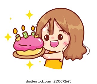 Cute girl holding cake bakery restaurant logo concept cartoon character hand draw art illustration