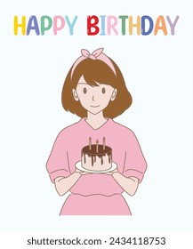 Linda chica sosteniendo pastel, feliz cumpleaños palabras detrás. Dibujado a mano ilustración vectorial de personaje de dibujos animados planos.