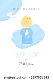 Cute Girl Holding a Candle and a white Dove of Peace flying with a Cross in its Beak Baptism Invitation Template in a Watercolor Style