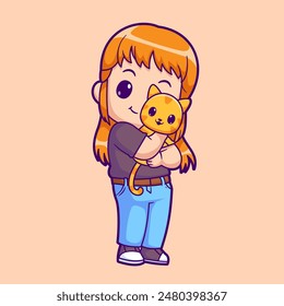 Cute Girl Holding Cat Cartoon Vector Icon Illustration. People Animal Icon Concept Isolated Premium Vector. Flat Cartoon Style