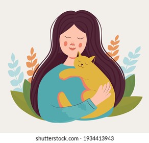 Cute girl holding a cat in her arms. Portrait of a happy owner with his beloved pet. kindness and love for animals. vector flat. on the background of natural elements, grass and leaves.