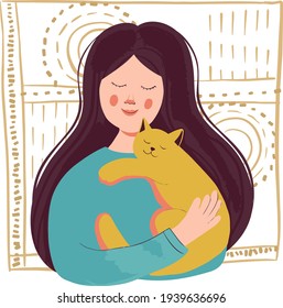 Cute girl holding a cat in her arms. Portrait of a happy owner with his beloved pet. kindness and love for animals. vector flat.