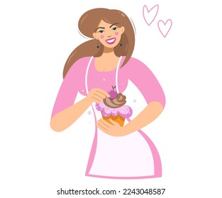 A cute girl is holding a celebratory cupcake with whipped cream. The young woman loves sweets. Ideal for advertising confectionery, gifts, cards, banners. Flat isolated vector design.