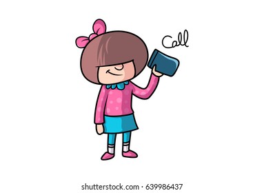 Cute Girl holding a cell phone and saying call. Vector Illustration. Isolated on white background.
