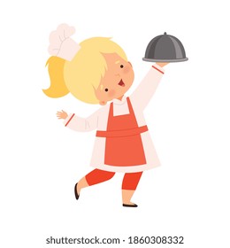 Cute Girl Holding Cloche, Cute Little Chef Character in Uniform Cooking in the Kitchen Cartoon Style Vector Illustration