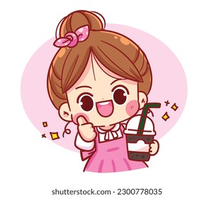 Cute girl holding coffee mug cartoon food logo vector art illustration