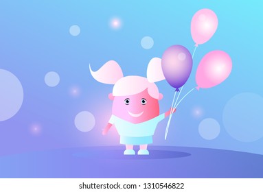 cute girl holding colorful air balloons holiday celebration concept female cartoon character full length blurred blue background horizontal flat