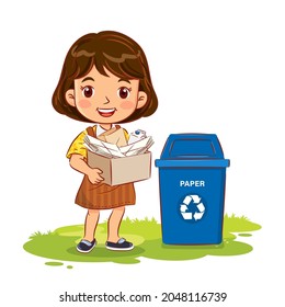 Cute girl holding a container with paper to the recycle bin. Environment concept. Eco friendly. Vector Illustration