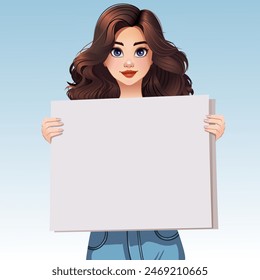 Cute Girl Holding Up Cue Cards. Beautiful Illustration of Brunette Girl Wearing Jeans - Soft Blue Background. Blue Eyes. Eps, Vector, Editable.