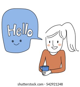 Cute girl holding a cup of coffee and greeting. Cute girl saying hello. Greeting people image. vector illustration.