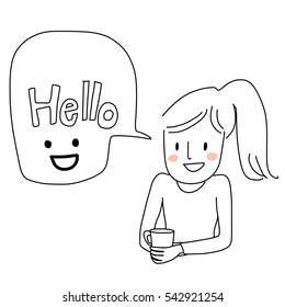 Cute girl holding a cup of coffee and greeting. Cute girl saying hello. Greeting people image. vector illustration.