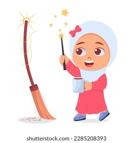 Cute girl holding cup and magic wand with moving broom