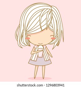 Cute girl holding cup, pink background, illustration