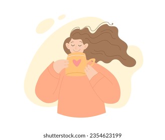 Muchacha linda sosteniendo una taza. Carácter femenino joven positivo, felicidad y concepto de amor propio. Ilustración vectorial de dibujos animados planos.