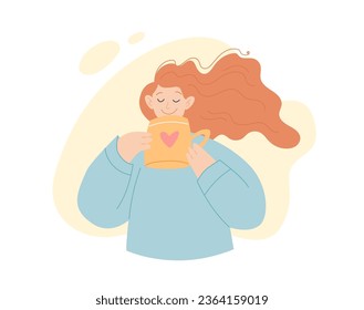 Cute girl holding a cup. Young positive female character, happiness and self love concept. Flat cartoon vector illustration.