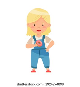 Cute Girl Holding Doughnut with Sugar Glaze Vector Illustration