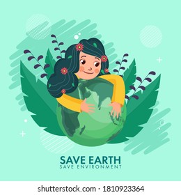 Cute Girl Holding Earth Globe with Leaves on Green Background for Save Earth & Environment Concept.