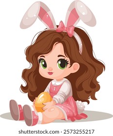 Cute girl holding an Easter egg. Bunny costume, bunny ears, girl in a pink dress. Vector illustration for poster, banner, card, postcard. 