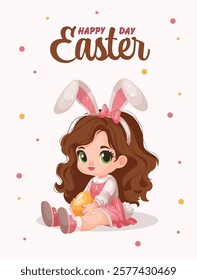 Cute girl holding an Easter egg. Easter Postcard.  Bunny costume, bunny ears, girl in a pink dress. Vector illustrations