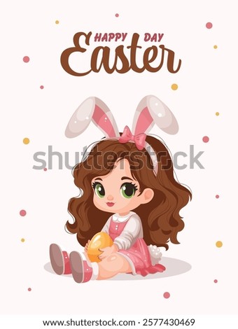 Cute girl holding an Easter egg. Easter Postcard.  Bunny costume, bunny ears, girl in a pink dress. Vector illustrations