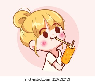 Cute Girl Holding And Eating Cheese Stick Fast Food Logo Banner Hand Drawn Cartoon Art Illustration