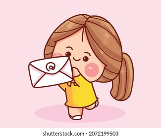 Cute Girl Holding Envelope Hand Drawn Cartoon Art Illustration