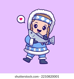 Cute Girl Holding Fish and Wearing Winter Jacket Cartoon Vector Icon Illustration. People Nature Icon Concept Isolated Premium Vector. Flat Cartoon Style