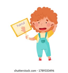Cute Girl Holding Flashcard with Hand Picture Vector Illustration