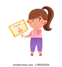 Cute Girl Holding Flashcard with Nose Picture Vector Illustration