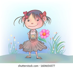 Cute girl Holding flowers behind.hand drawn style vector design illustrations.