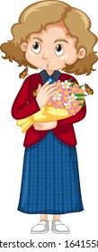Cute girl holding flowers on white background illustration