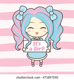 Cute girl holding frame with text. On striped background. Vector illustration. Baby announcement card design. It's a Girl! In pink and blue colors.
