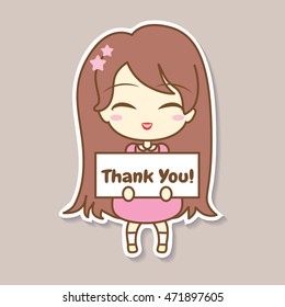 Cute girl holding frame with text. On beige background. Vector illustration. Sticker design. Thank You! In pink pastel colors.