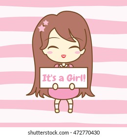 Cute girl holding frame with text. On striped background. Vector illustration. Baby announcement card design. It's a Girl! In pink pastel colors.