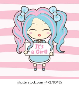 Cute girl holding frame with text. On striped background. Vector illustration. Baby announcement card design. It's a Girl! In pink and blue colors.