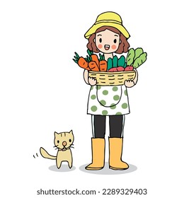 Cute girl holding fresh vegetables with cat, drawing style vector on white background