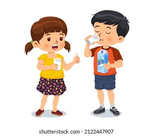 Cute girl holding a glass of milk and giving the thumbs up to a boy drinking milk. Vector illustration