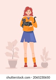 Cute girl holding gray cat with black spots. Happy pet owner vector illustration. Cute cat with her owner. Cats lover illustration.