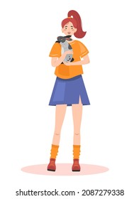 Cute girl holding gray rabbit. Happy pet owner vector illustration. Cute rabbit with his owner. Rabbit lover illustration.
