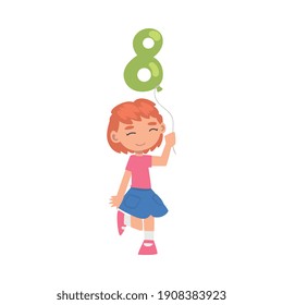 Cute Girl Holding Green Balloon Shaped as 8 Number Cartoon Style Vector Illustration