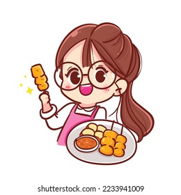 Niña linda con cerdo asado satay tradicional logo de comida tradicional dibujo a mano ilustración vectorial